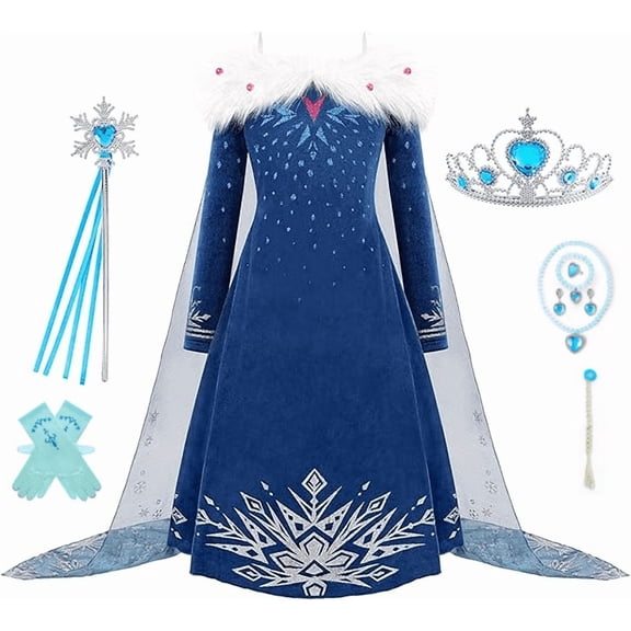 【Sxzmall】10Pcs Princess Costume for Girls Halloween Dress Snow Cosplay Christmas Birthday Party Dress Up Outfit Blue