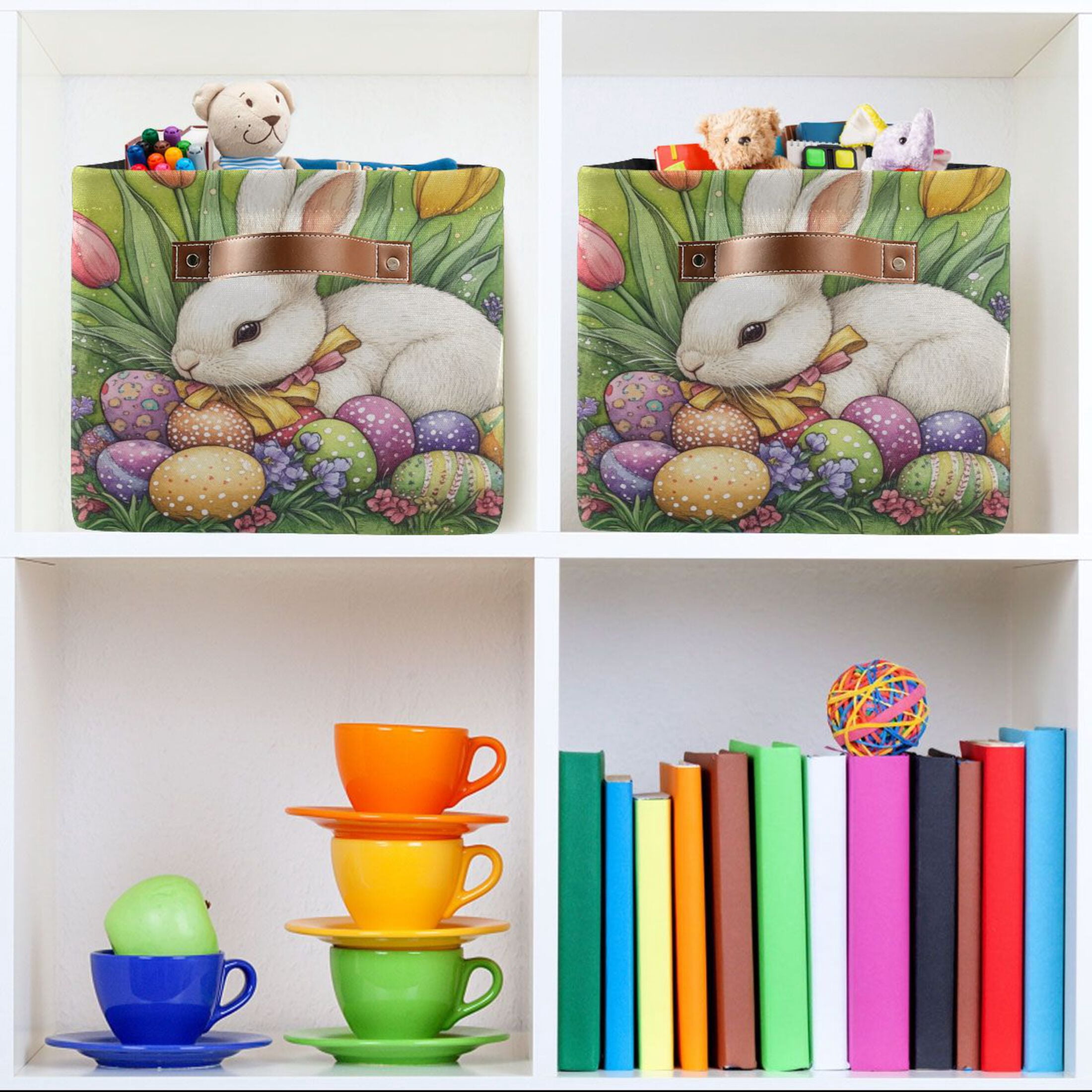 WOBOGO Easter White Bunny Square Storage Basket with Waterproof Canvas and PE Lining Durable PU Leather Handles 14.2×10.2×8.3in