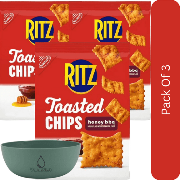 RITZ Toasted Chips Honey BBQ Crackers, Party Snacks, 8.1 oz-3pk, With Olive Green Bowl By ValueNest