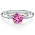 thumbnail image 3 of Gem Stone King 10K Two Tone Gold Pink Created Sapphire Solitaire Engagement Ring for Women | 0.55 Cttw | Round 5MM | Gemstone September Birthstone | Size 7, 3 of 6