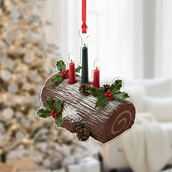 ViciArt Yule Log Christmas Ornament, Holiday Tree Decoration with Candles & Holly, Acrylic/Fiber Wood