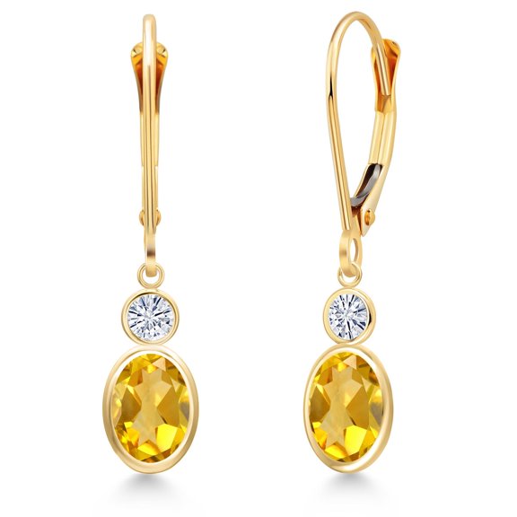 Gem Stone King 14K Yellow Gold Yellow Citrine and White Moissanite Dangle Earrings for Women | 1.70 Cttw | Gemstone November Birthstone | Oval 7X5MM