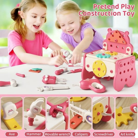 Rirozkan Hippo Tool Set, 62 Pcs Pretend Play Tool Set for Kids, Pretend Play Drill Toy Tool Box, Simulation Power Tool Construction Toy for Toddlers Age 3 