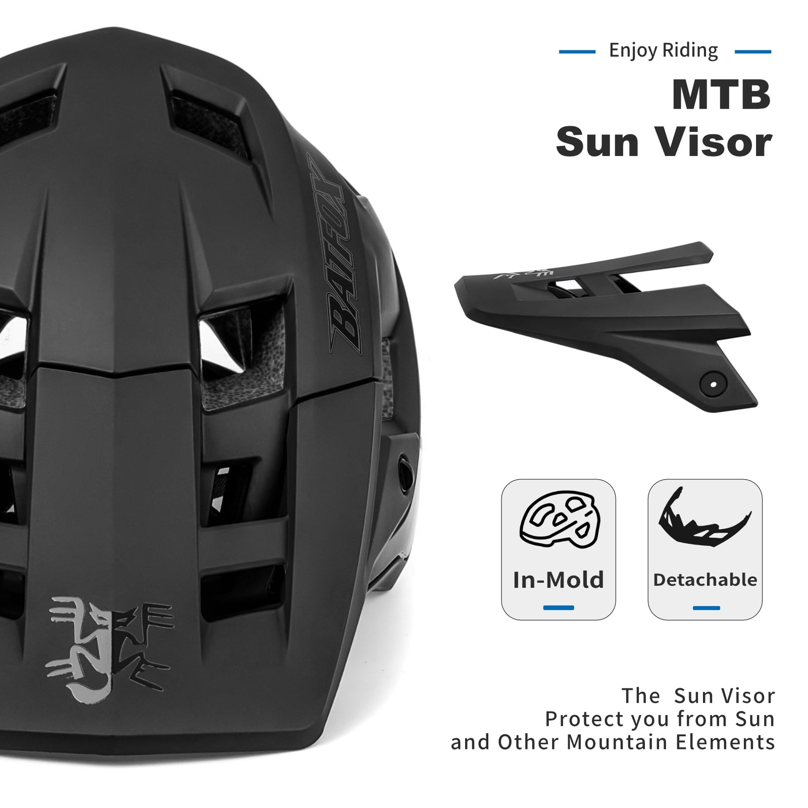BATFOX MTB Helmet for Adults Men & Women, Adjustable Mountain Bike Helmet for Trail & E-Bike (Black,L)