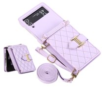 Dteck Wallet Crossbody for Samsung Galaxy Z Flip 3 Case with Lanyard Wrist Strap Credit Card Holder, PU Leather Protective Phone Case with Ring Holder,Purple