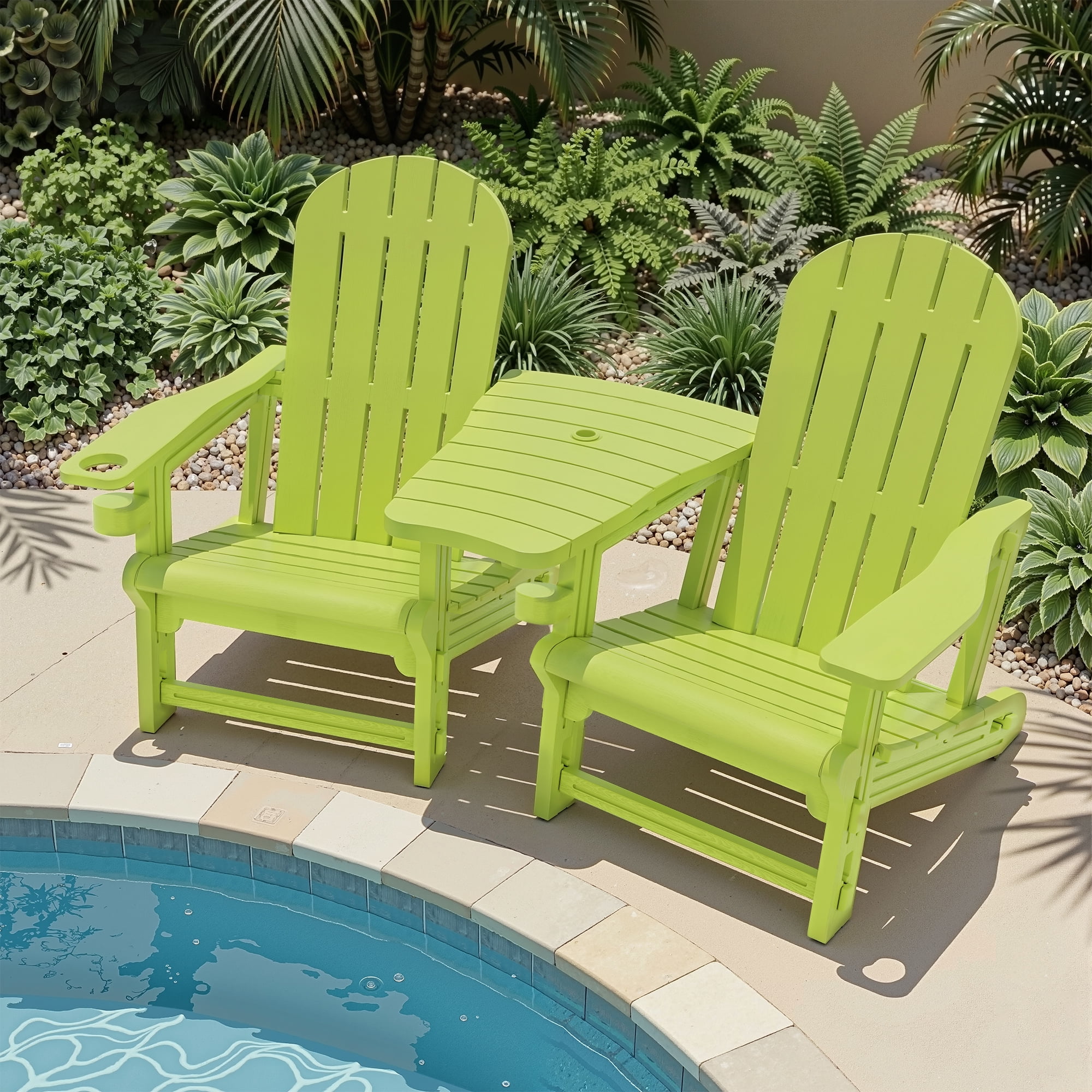 Walsunny Adirondack Chairs Set of 2 Fire Pit Chair Set with Connecting Tray Cup Holder Removable Tabletop,All-Weather HDPE Outdoor Chair Set for Patio Garden Lawn,Green