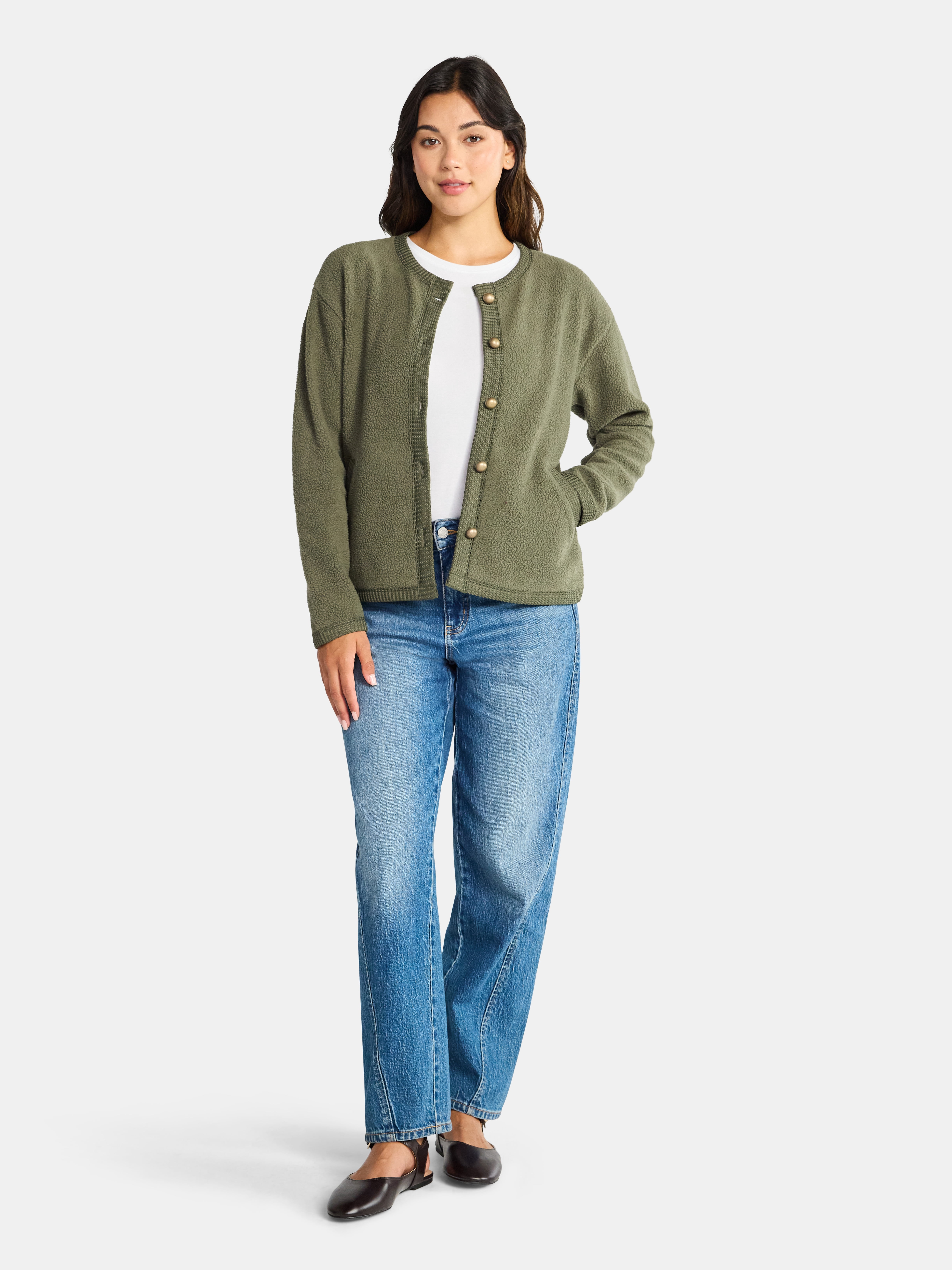 Time and Tru Women's Fleece Button Up Jacket, Lightweight, Sizes XS-XXXL