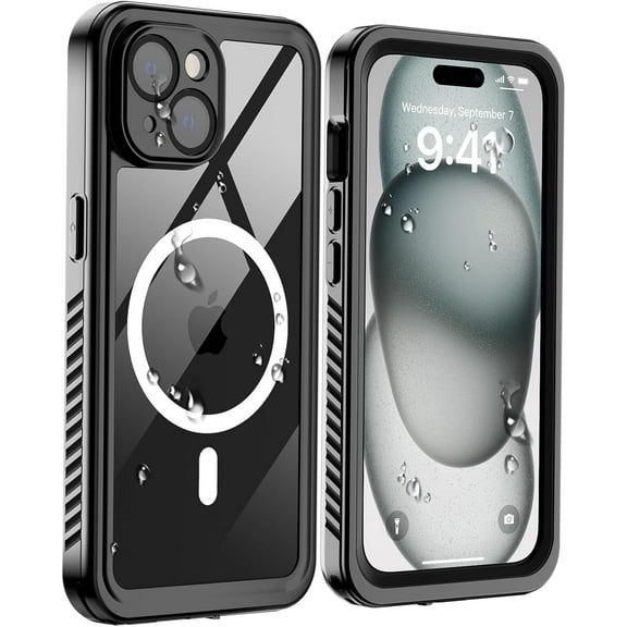 Magnetic for iPhone 15 Plus Waterproof Case,[Built-in Screen Protector][IP68 Underwater][15FT Military Dropproof][Compatible with MagSafe] Full Body Shockproof Phone Case-Black/Clear