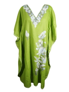 Mogul Womens Maxi Caftan Cotton Embellished BLUE Floral Stylish Resort Wear Kimono Lounger Cover Up Kaftans One Size