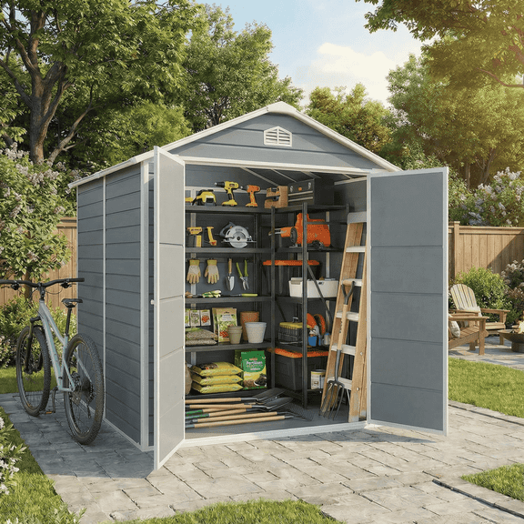 8 X 6 Ft Outdoor Plastic Storage Shed with Floors, Resin Tool Shed with Lockable Door & Vents, Perfect for Yard, Garden, Gray