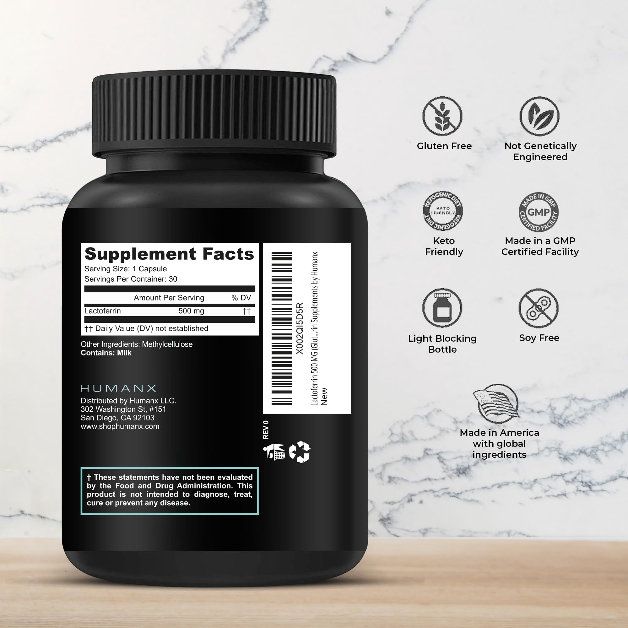 Lactoferrin 500 MG (Gluten Free, Non GMO, Soy Free) - A Component in Colostrum - Supports Healthy Immunity and Iron Utilization - Lactoferrin Supplements by Humanx