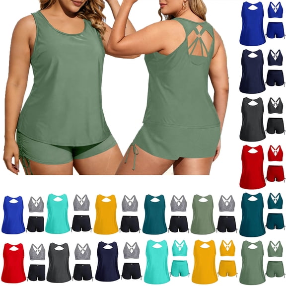 Agkizg 3 Piece Tankini Swimsuits for Loose Fitting Bathing Suits Swim Tank Top with Bra Boy Shorts Teen Swimwear (Women's)