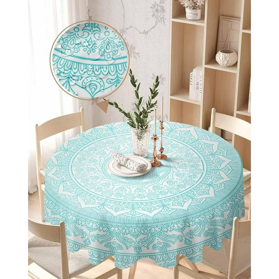 Round Tablecloth 60 Inch Mandala Flower Table Cloth Oil Spill Proof Waterproof Tablecloth Protector Boho Style Teal Aqua Floral Round Table Cover for Dinner Party Picnic Kitchen Decor Indoor Outdoor