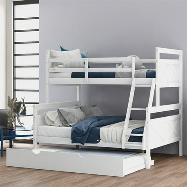 Twin Over Full Bunk Bed with Ladder, Solid Wood Bunk Bed Frame with Twin Size Trundle, Loft Bed with Safety Guardrail for Teens Boys Girls, Can Convertible to 2 Separated Beds, White