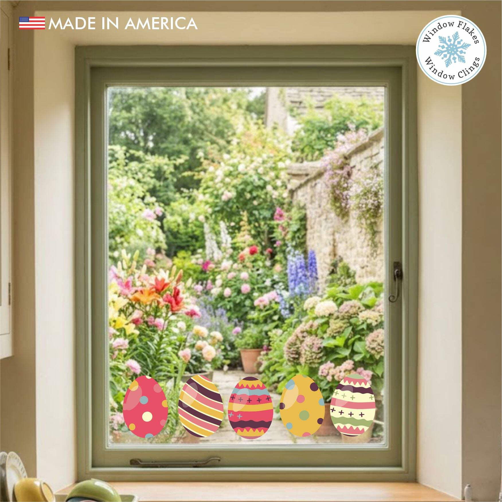 Window Flakes Double-Sided Boho Easter Egg Window Clings, Spring Floral Decals, 8x5, 8-Pack