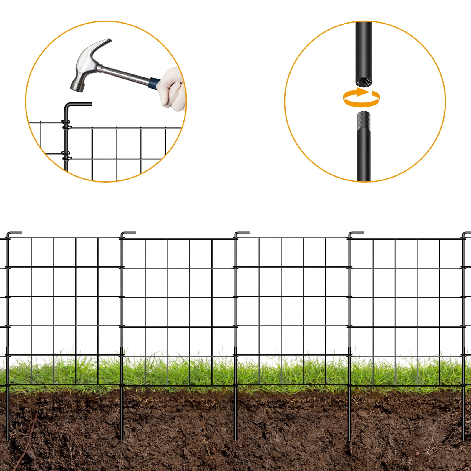23.5" Decorative Garden Fence 10‑Pack, Black Metal Animal Barrier with Connecting Stakes for Dogs, No‑Dig Yard Fencing for Patio, Lawn, Flower Beds (10.08ft Total Length)