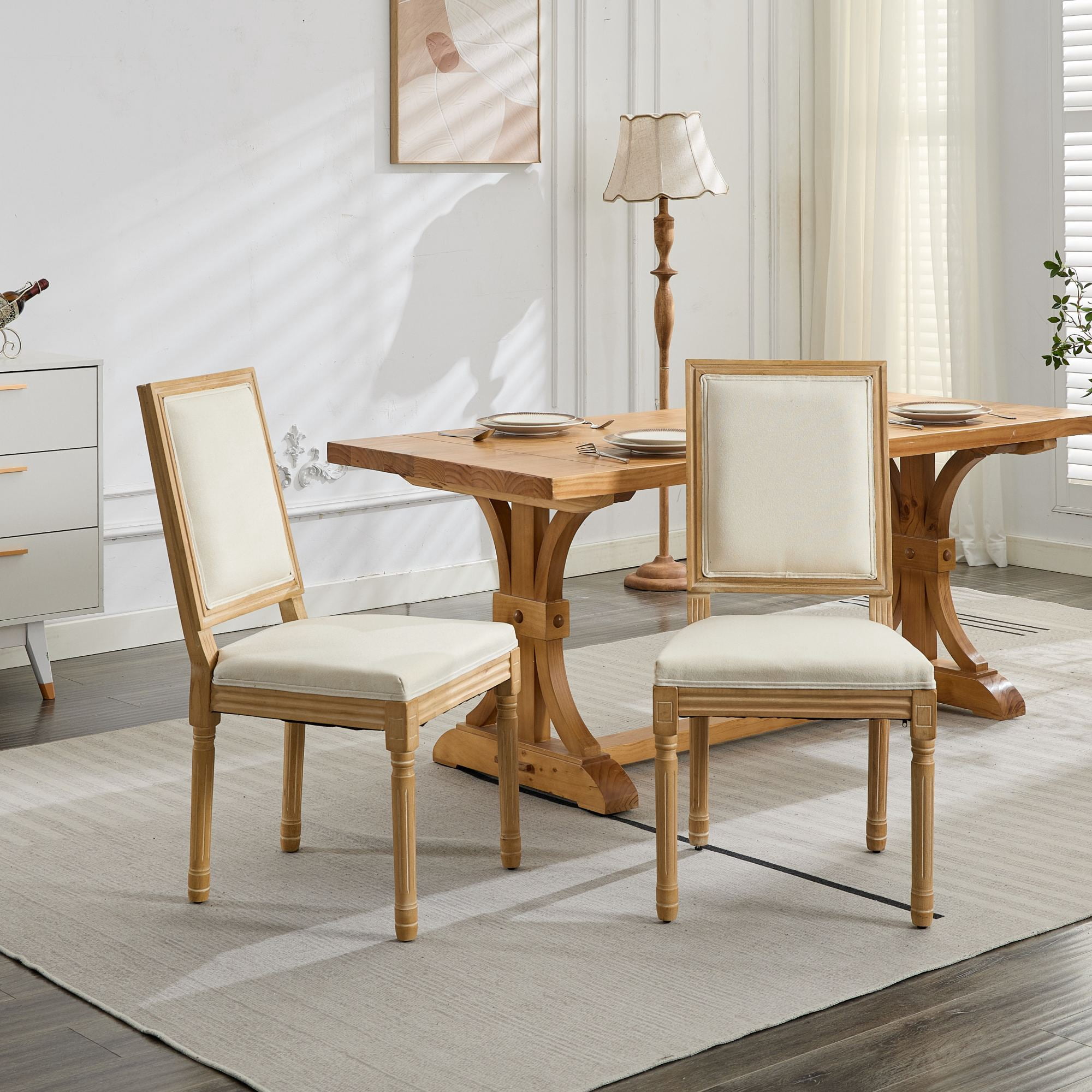 MAYEERTY French Decor Dining Chairs - Louis Style, Square Back, Carved Solid Wood Frame, Beige, Set of 2