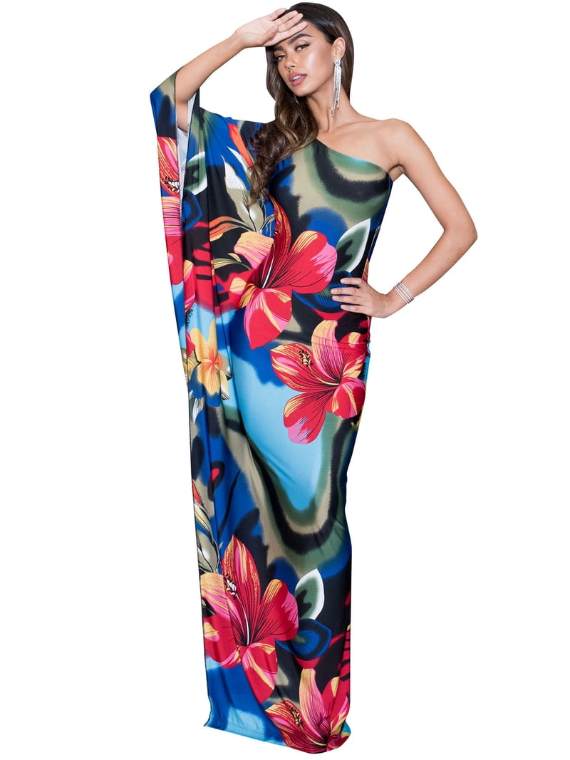 KOH KOH Long Sexy One Shoulder Flower Print Hawaiian Summer Spring Cocktail  Party Full Length Tall Flowy Sundress Maxi Dress Gown For Women Blue &  Multi Color Large US 12-14 NT169_A002 -