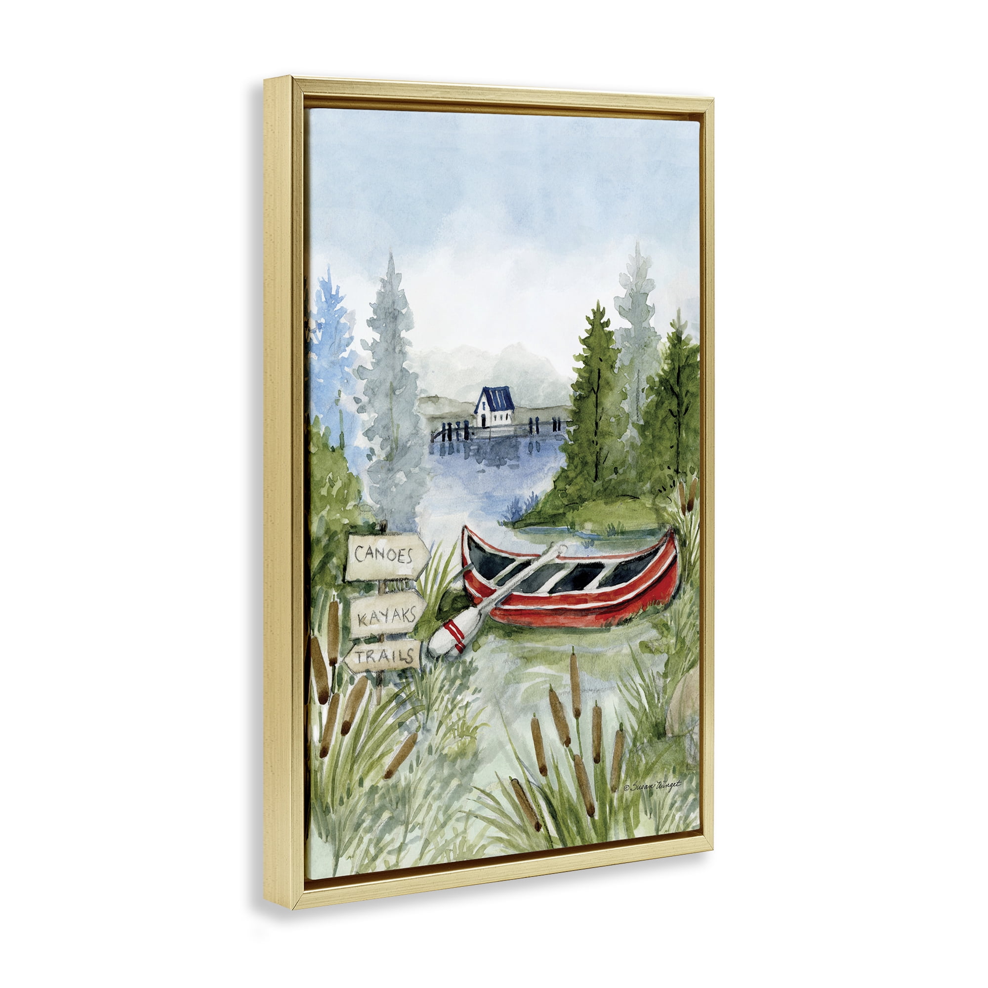 Stupell Industries Canoe On Lake Gold Framed Floater Canvas Wall Art, design by Susan Winget