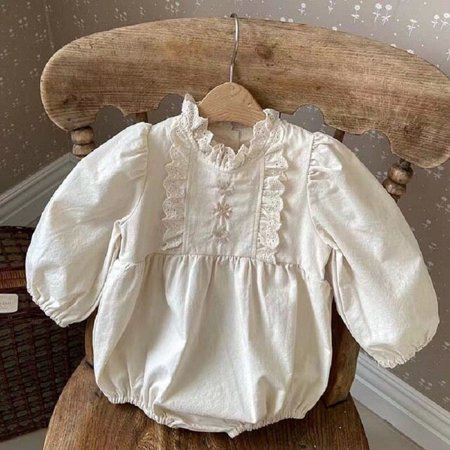 

DancePeanut Spring Embroidery Romper Baby Clothes Flower Embroidered Lace Collar Baby Girls Jumpsuits Vintage Long Sleeve Romper Beige