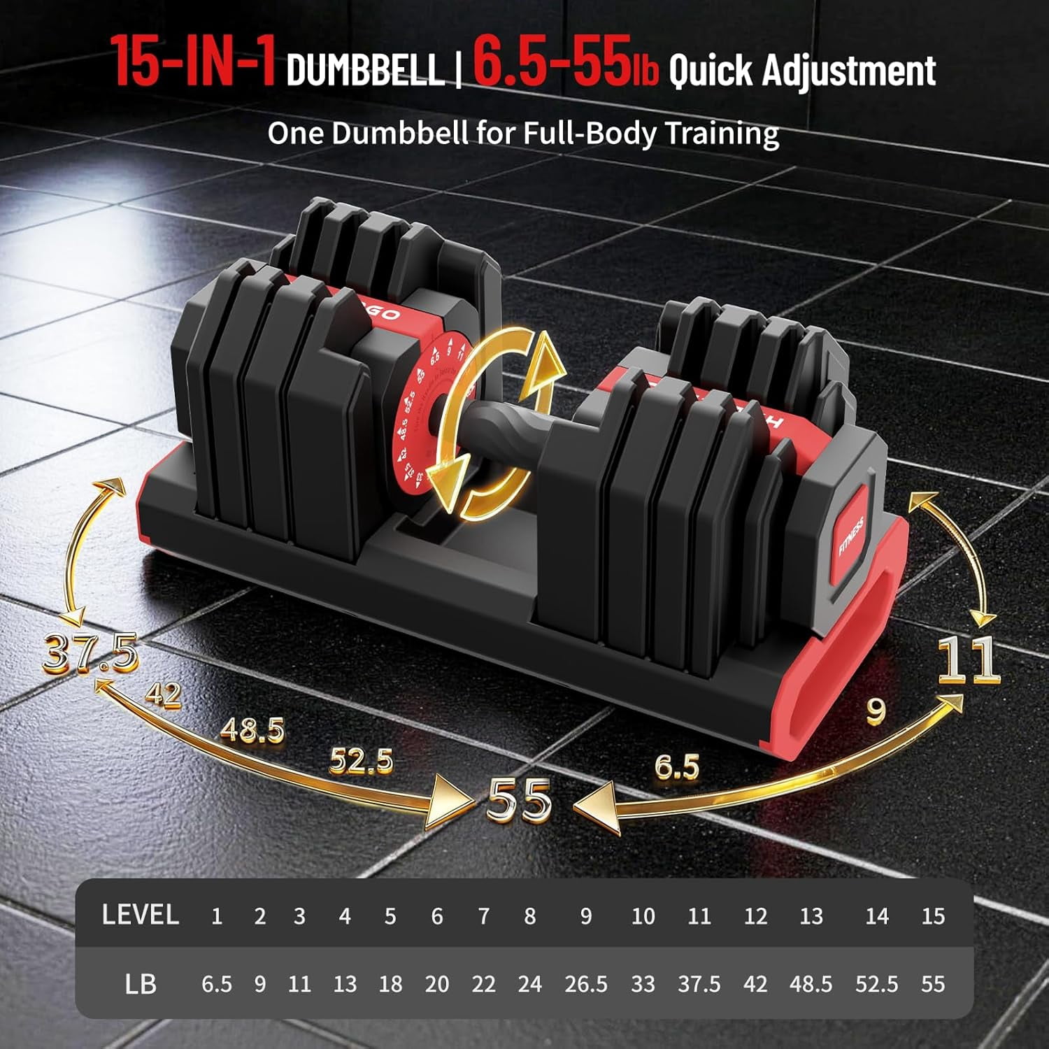HXD-ERGO 15 in 1 Adjustable Dumbbell Weight, 1-Second Quick Change Weights, 55/110 LBS Free Weights with Anti-Slip Grip & Secure Lock, Space-Saving Home Gym Equipment for Men Women Full Body Workout