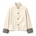 thumbnail image 5 of Women's Cropped Trench Coat Plaid Lined Long Sleeve Button Down Loose Fit Casual Windbreaker Jacket with Pockets Spring Fall Outerwear Beige, 5 of 9