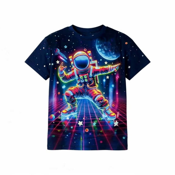 Byoo Toddler Boys' Neon Disco Astronaut Graphic T-Shirt Short-Sleeve Crewneck Space Print Tee Vibrant Casual Top,Dark Blue