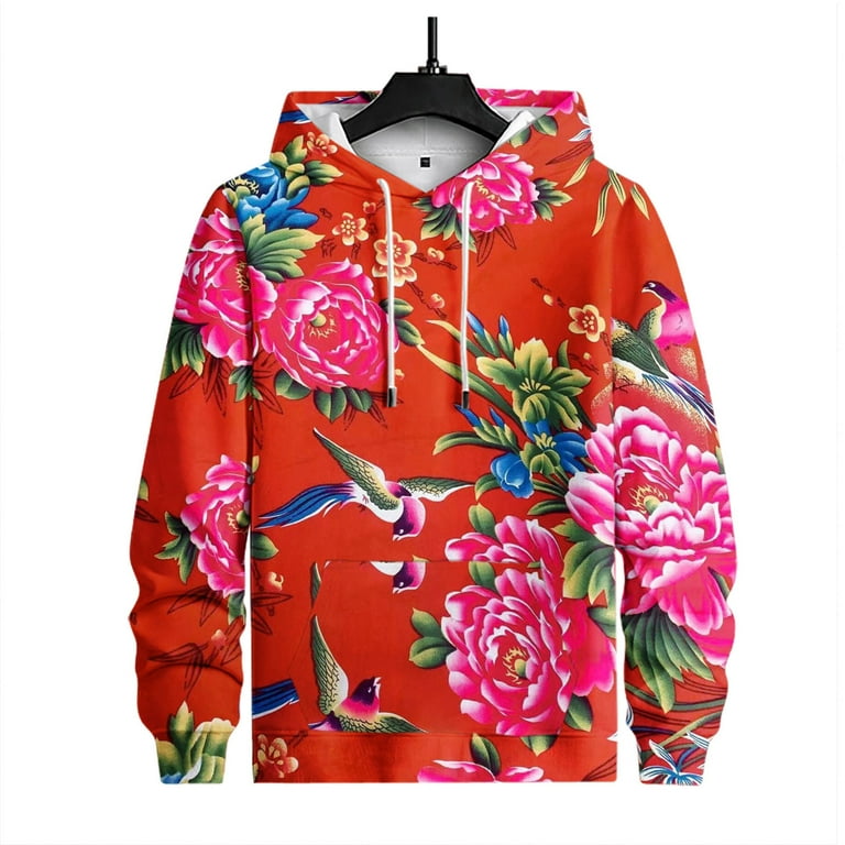 Penkiiy Men s Floral Hooded Sweatshirts Chinese DongBei Style Flowers Graphic Hooded Sweatshirts