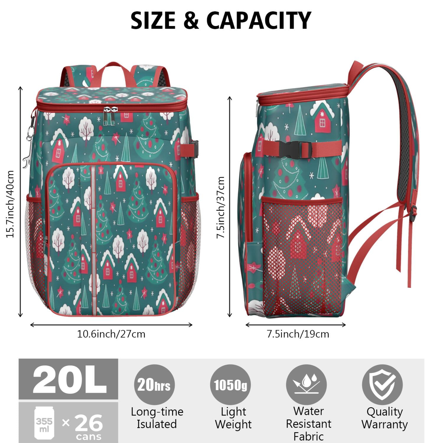 Travel Cooler Bag - Dark Teal Christmas Village Pattern Camping Beer Cooler Backpack with Bottle Opener- Waterproof Insulated Picnic Backpacks - Cooler Bag for Beach