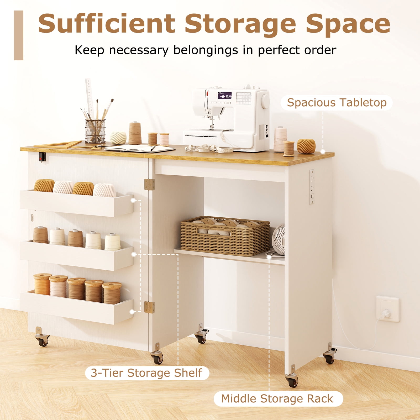 Topbuy Sewing Machine Table with Charging Station Folding Sewing Cabinet w/Lockable Casters White & Natural
