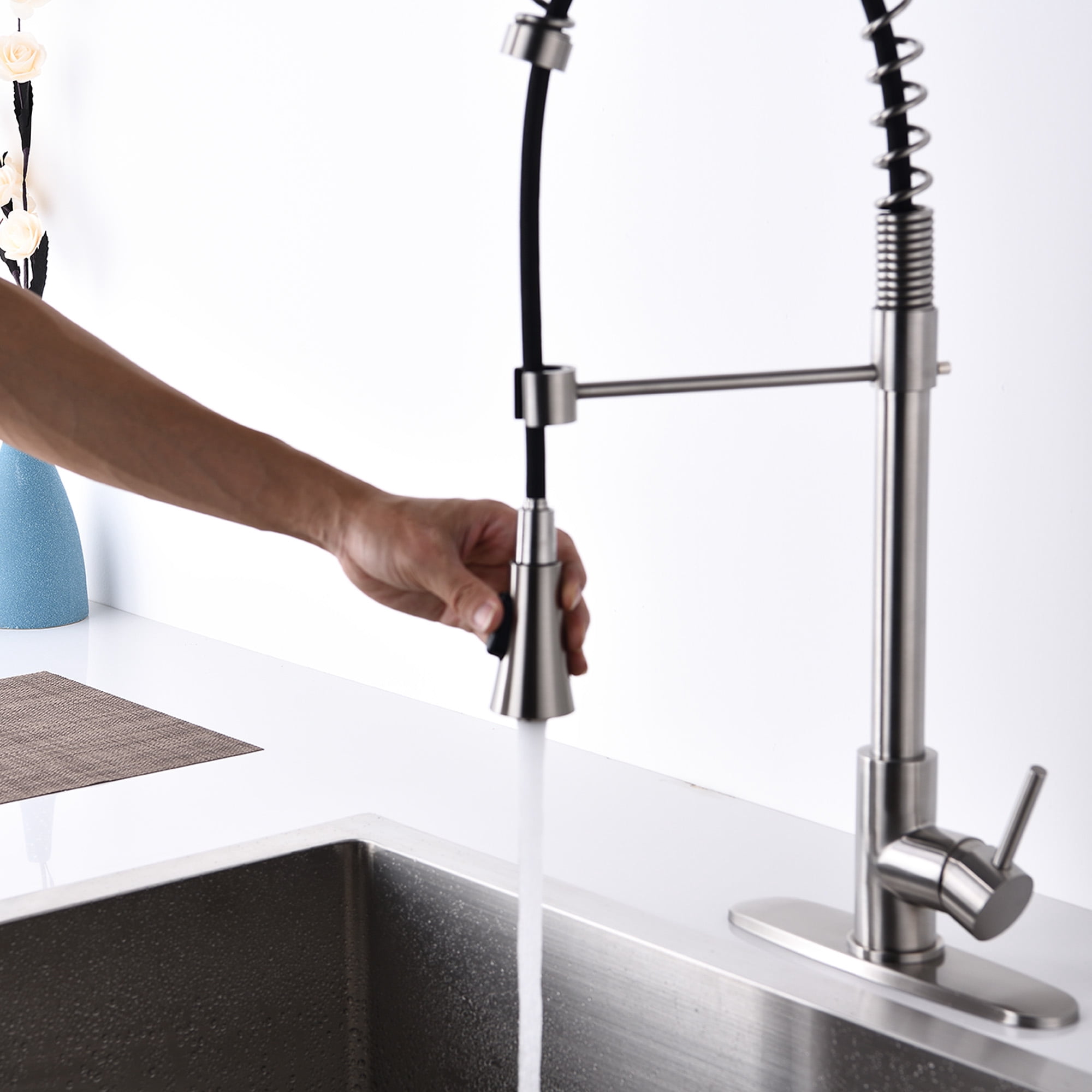 Brushed Nickel Single Handle Commercial Modern Spring High Arc Kitchen Faucet Water Filter System Bends as You Want