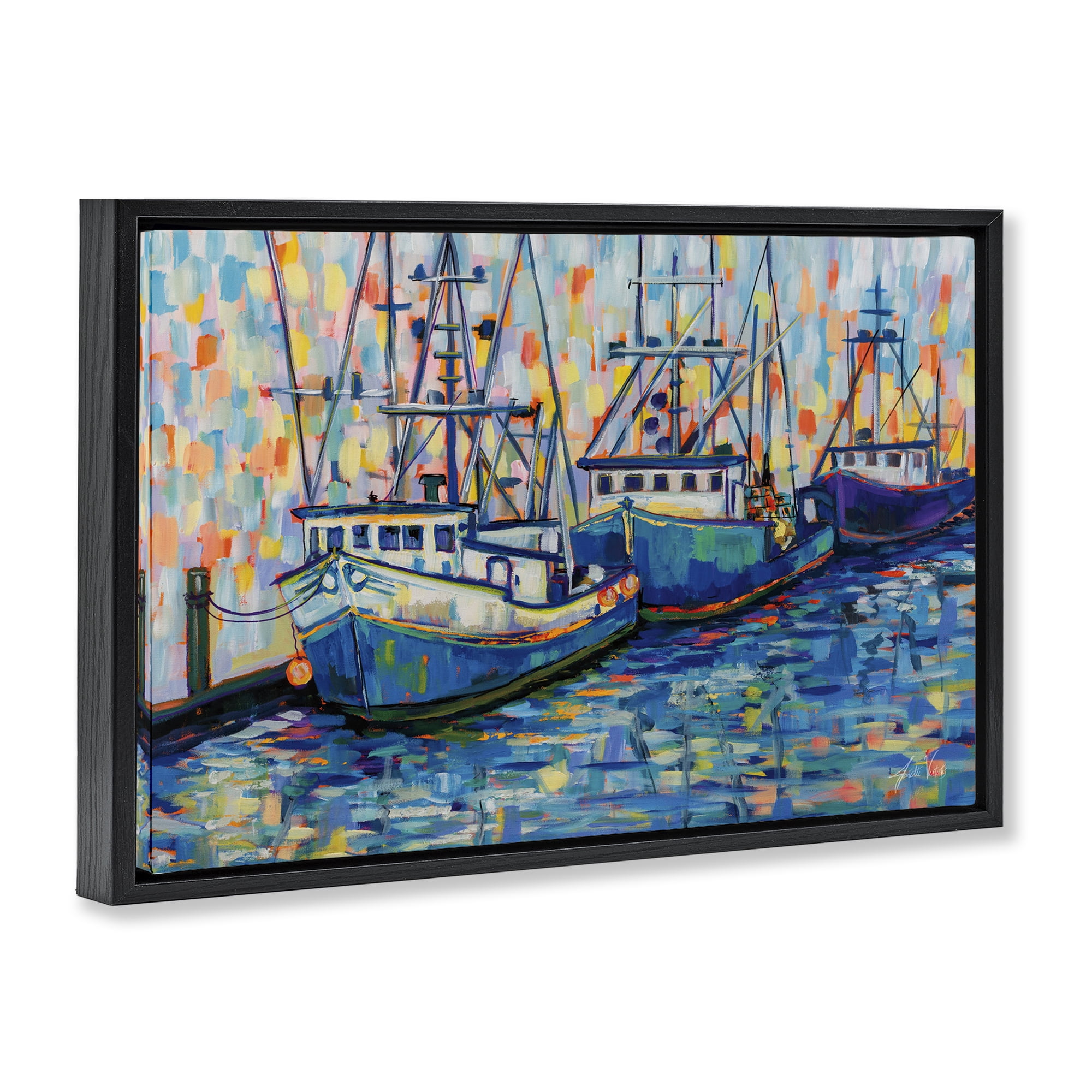 Stupell Industries Vivid Boats in Harbor Transportation Painting Black Floater Framed Canvas Art Print Wall Art, 25 x 17