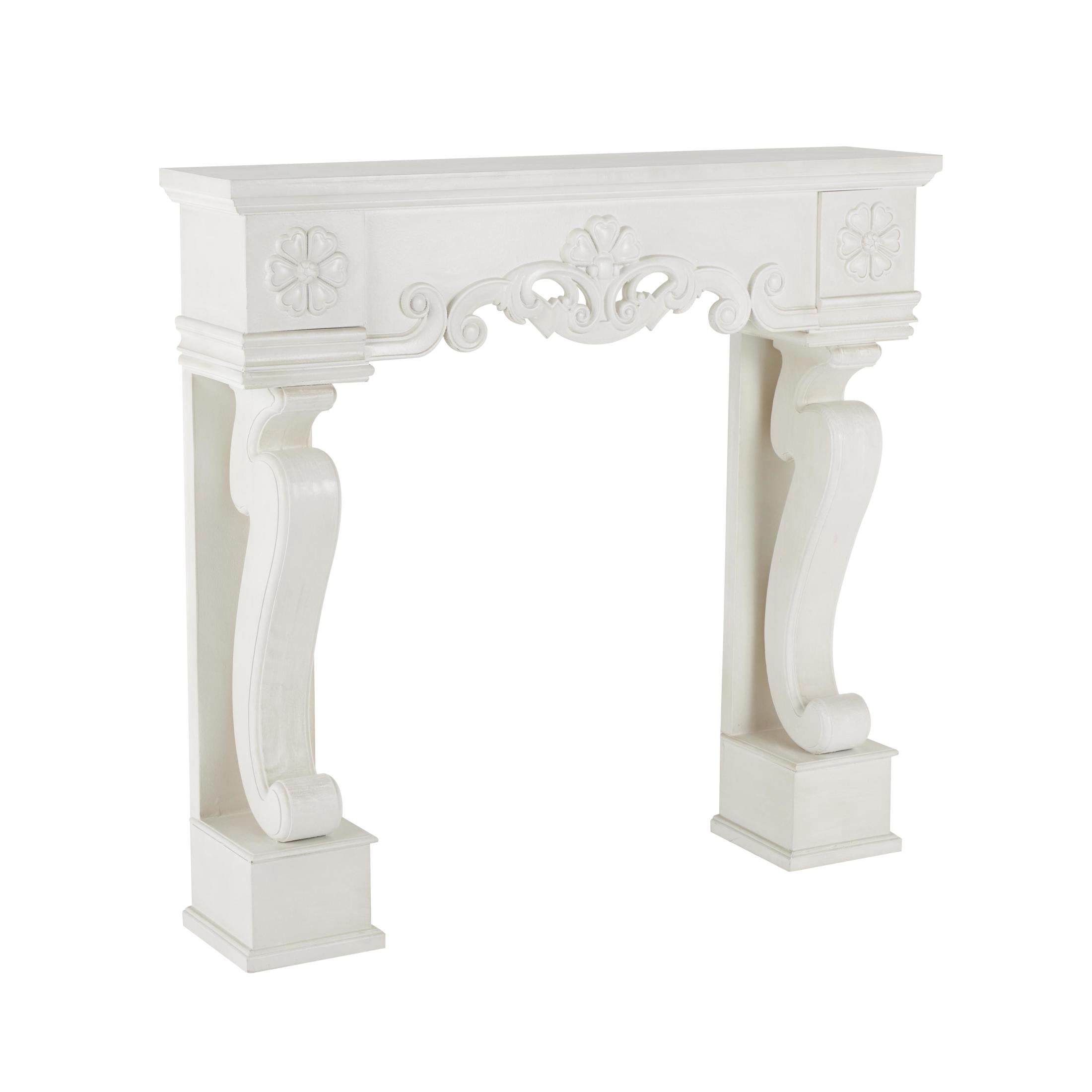 DecMode 45" x 42" Wooden White Freestanding Scroll Surround Fireplace Mantle with Floral Accents