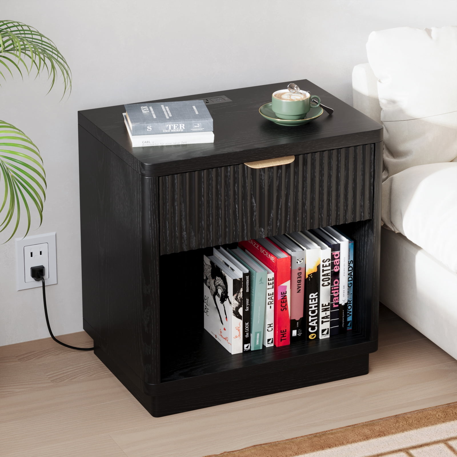 Pusnapku Fluted Night Stand, 22" Farmhouse Bedside Table with Charging Station, Curved Design Wood End Table with Drawer, for Living Room, Bedroom