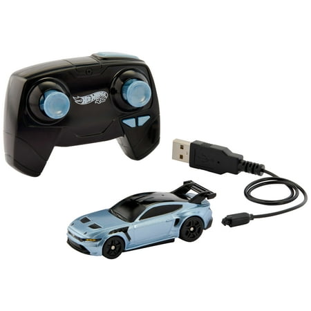 Grey Hot Wheels RC 1:64 Scale Ford Mustang GTD, Battery-Powered Remote-Control Toy Car