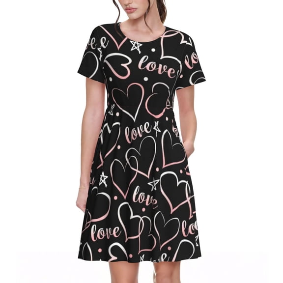 Pink Heart Love Theme Women's Dresses Short Sleeve Nightdresses for Summer