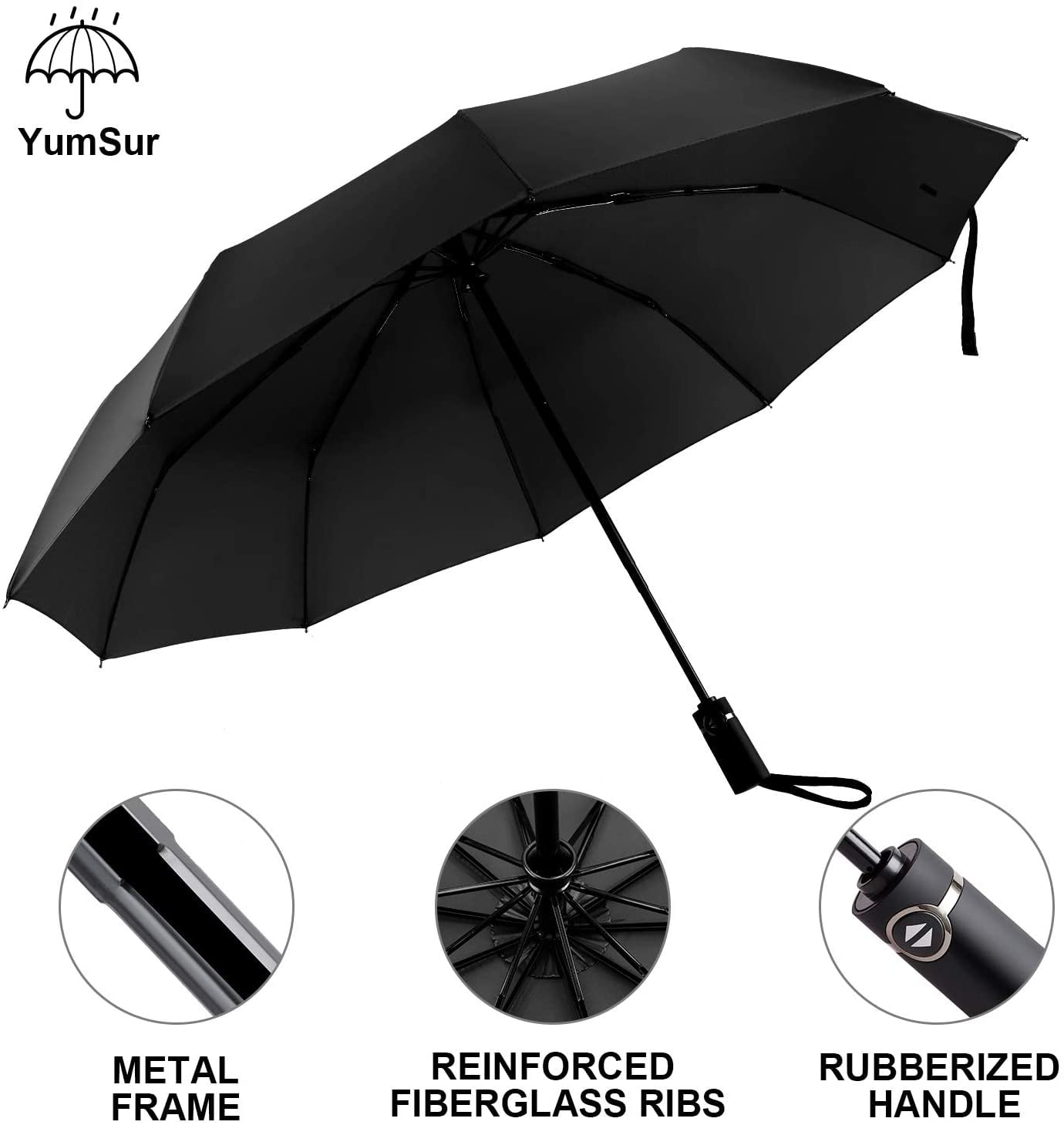 Auto Open & Close Travel Umbrella with 10 Ribs Fiberglass Compact Umbrella Windproof Frame 60Mph Black Fast Drying Teflon Umbrellas for Women and Men 