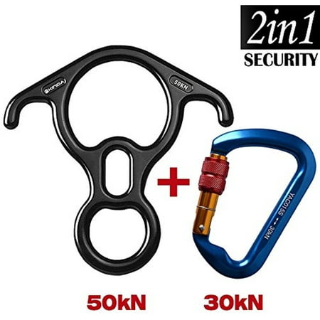 iClover 50KN Rescue Descender with Large Bent-ear and CE Certified 30KN Aluminum D-ring Locking Carabiner Rappel System Belay