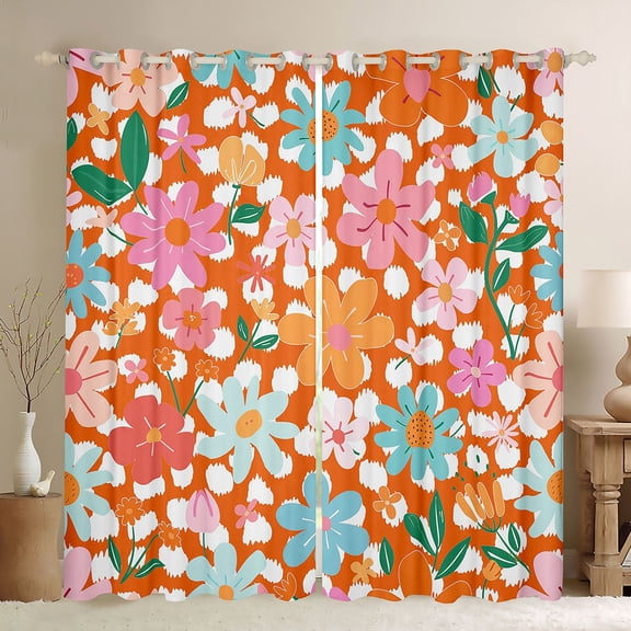 Manfei Colorful Flowers Black Out Curtains for Teens Adults,Orange Polka Dots Curtains Pack of 2 (42x63 Each),Chic Floral Blossoms Bedroom Curtains,Lightweight Room Decor