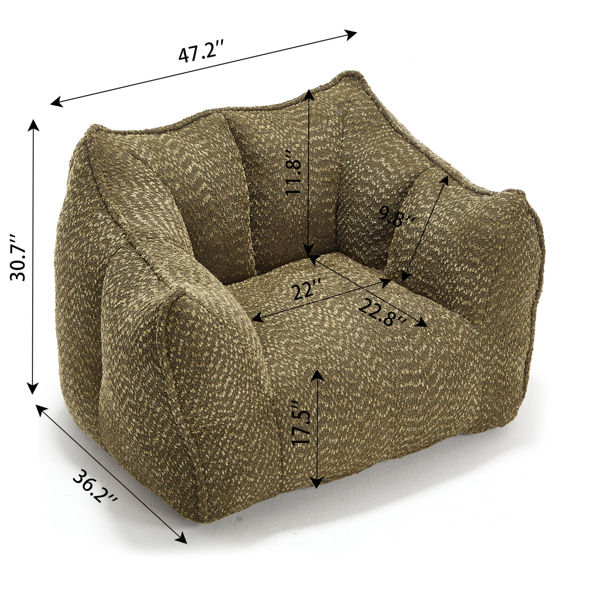 Chenille Bean Bag Sofa Chair for Adults, Fluffy Square Accent Couch with Filler, Olive Green Lazy Sofa for Reading & TV Lounging