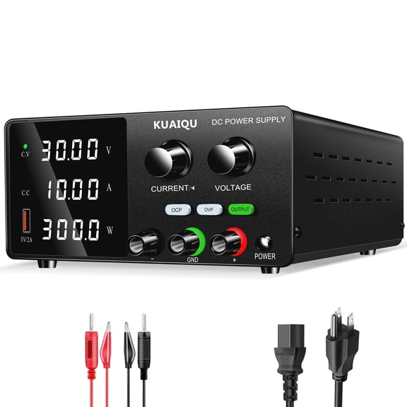 Kuaiqu DC Power Supply,Adjustable,0-30V 0-10A Switching Desktop Power Supply,with OCP/OVP,Output Switch,4-Digit LED Display,5V/2A USB Port,Encoder Adjustment, with Mute Button