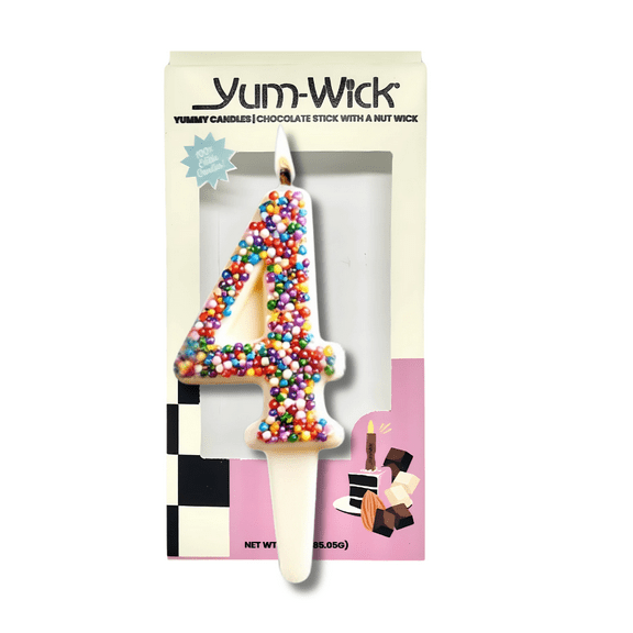 Yum-Wick® Edible White Chocolate Party Candle Number 4, Relighting Almond Wick, Kosher