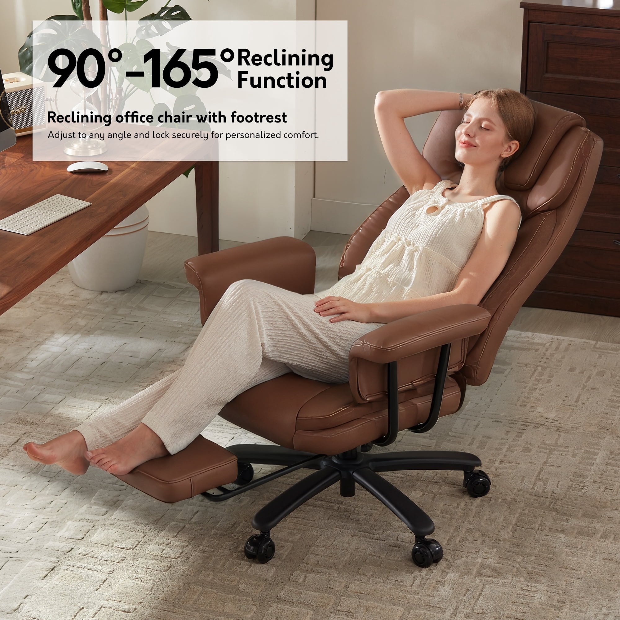 HomeZeer Big and Tall Executive Office Chair 400LBS, 160°Reclining with Retractable Footrest, PU Leather Desk Chair with Padded Arms, Adjustable Height with Quiet Roller Wheels, Brown