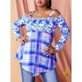 thumbnail image 1 of Tallas de talla de hombro frío Flor de impresión a cuadros camiseta Rosegal Mangas largas de talla grande, 1 of 5