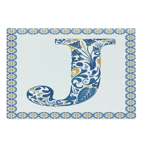 Letter J Cutting Board, Illustration of Capital Letter J in Flower Pattern Design Ornamental Print, Decorative Tempered Glass Cutting and Serving Board, Large Size, Blue Yellow Orange, by Ambesonne