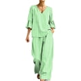 thumbnail image 2 of Mifsaly 2 Piece Lounge Set Women Casual V Neck Tops and Flowy Wide Leg Palazzo Pants Comfortable Outdoor Casual Vacation Matching Outfits with Pockets Green,S, 2 of 7