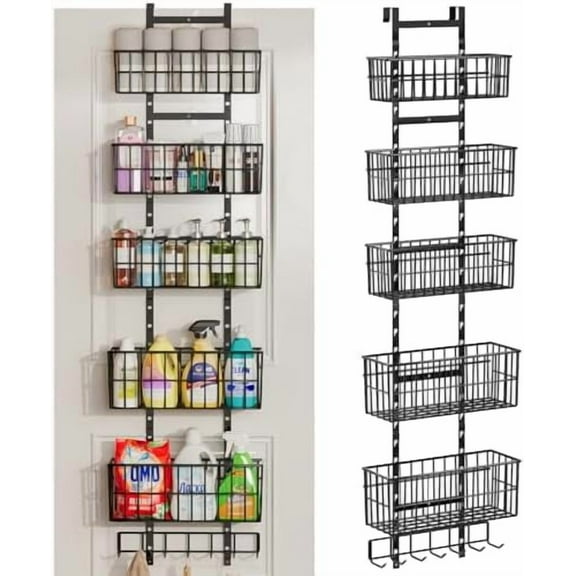 Adjustable Over the Door Organizer Metal Hanging Door Organizer with 5 Wire Basket 7 Hooks Wall Mounted Shelf for Pantry Laundry Organization and Storage Black