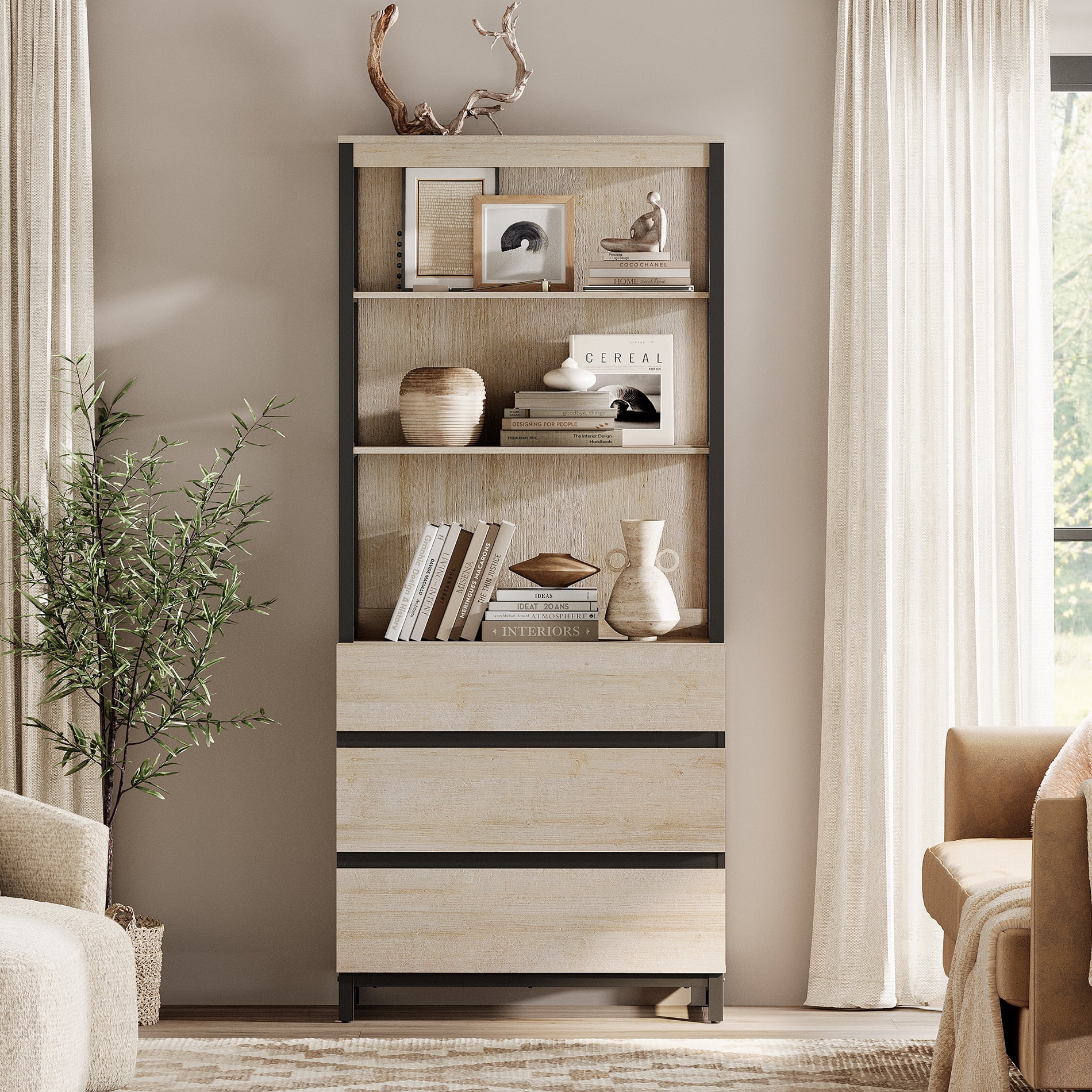 WAMPAT Modern 72" Tall Freestanding Bookcase，3 Drawers & Open Shelves with Storage Cabinet，Wood Library Bookshelf for Home Office & Living Room