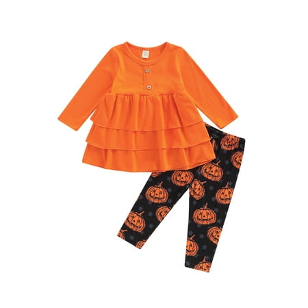 

TheFound Halloween Toddler Baby Girls Clothes Ruffle Long Sleeve Tunic Dress Tops Pumpkin Print Pants Outfits