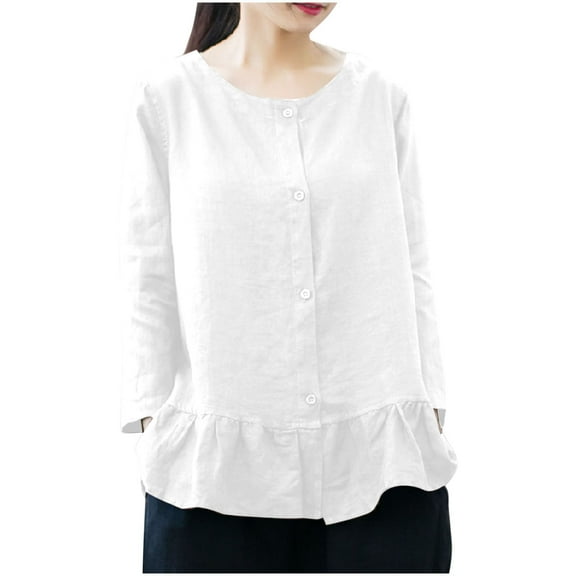 Women's Button Up Casual Tops Long Sleeve Round Neck Cotton Linen Ruffled Hem Plus Size Solid Shirts Spring Blouses White,XL